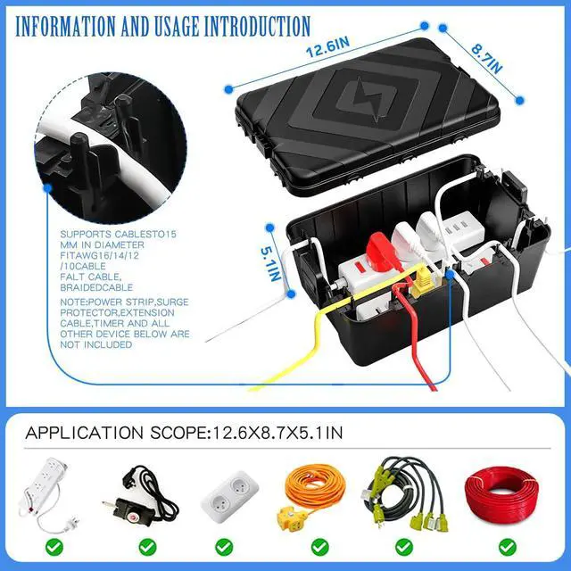 Alt view image 2 of 7 - Large Outdoor Electrical Box, IP54 Waterproof Extension Cord Cover (12.6 x 8.7 x 5.1 in) Weatherproof Outdoor Outlet Box for Holiday Lights, Pool Pump, EV Charger (Black, Large)
