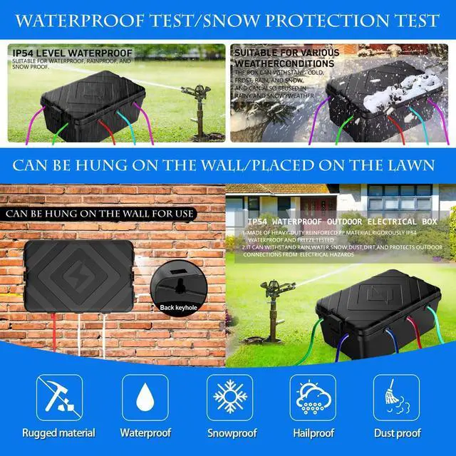 Alt view image 5 of 7 - Large Outdoor Electrical Box, IP54 Waterproof Extension Cord Cover (12.6 x 8.7 x 5.1 in) Weatherproof Outdoor Outlet Box for Holiday Lights, Pool Pump, EV Charger (Black, Large)