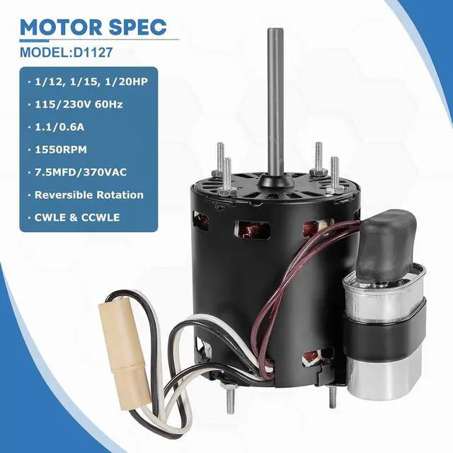 Alt view image 7 of 7 - D1127 HVAC Motor, 1/12 HP 1550 RPM, 115/230V AC, Reversible Rotation, Thermal Protection, Drip-Proof Design for Ventilation Systems