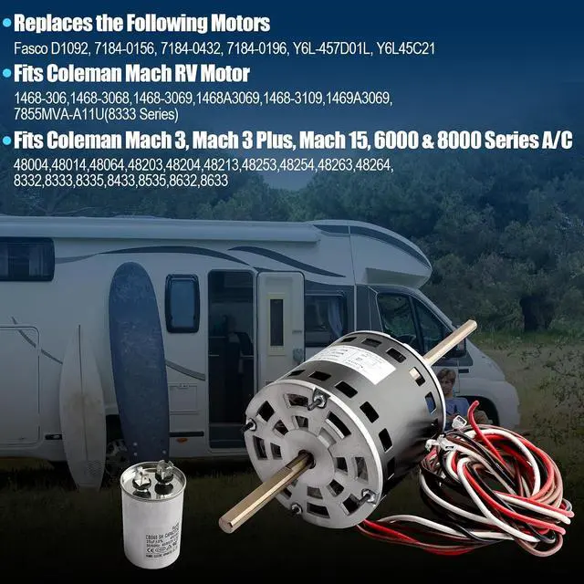 Alt view image 5 of 7 - RV AC Air Conditioner Motor Compatible with Coleman Mach RV Condenser Fan Motor D1092 1/3HP 115V 1675RPM Replaces for 7184-0156,7184-0432,1468-306,1468-3069,7855MVA-A11U