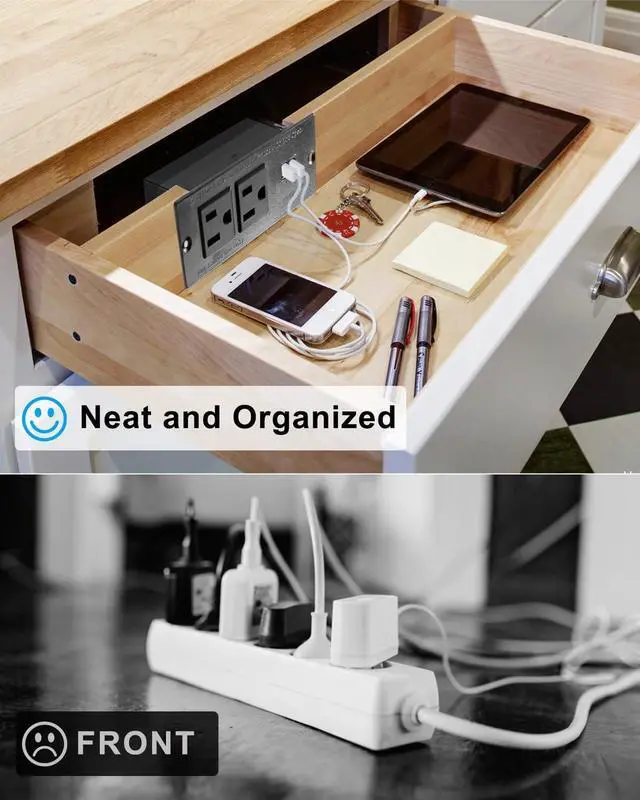 Alt view image 5 of 6 - Drawer Outlet Kit with Two 15Amp AC Sockets & Two 20W USB-A Sockets, in-Drawer Outlet Charging Station for Bathroom Bedroom Livingroom Kitche Office Drawer, 125V/15Amp 5V/2.1A 20W