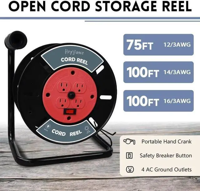 Alt view image 2 of 7 - Extension Cord Storage Reel with 4-Grounded Outlets, Heavy Duty Open Cord Reel for 12/3 14/3 16/3 Power Cords, Portable Empty Hand Crank Electric Cord Roller Holder, Red