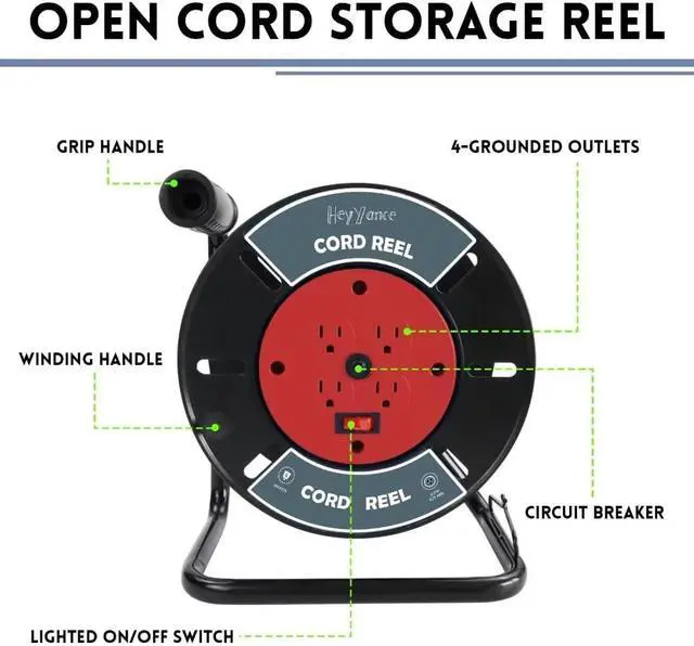 Alt view image 3 of 7 - Extension Cord Storage Reel with 4-Grounded Outlets, Heavy Duty Open Cord Reel for 12/3 14/3 16/3 Power Cords, Portable Empty Hand Crank Electric Cord Roller Holder, Red