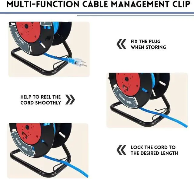 Alt view image 4 of 7 - Extension Cord Storage Reel with 4-Grounded Outlets, Heavy Duty Open Cord Reel for 12/3 14/3 16/3 Power Cords, Portable Empty Hand Crank Electric Cord Roller Holder, Red