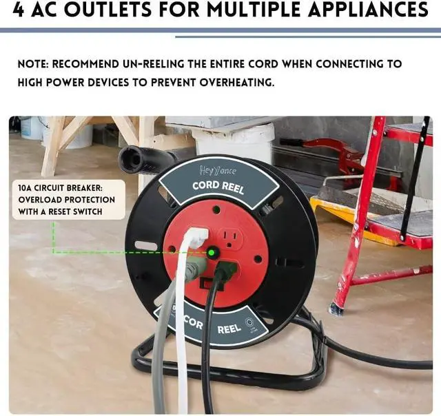 Alt view image 5 of 7 - Extension Cord Storage Reel with 4-Grounded Outlets, Heavy Duty Open Cord Reel for 12/3 14/3 16/3 Power Cords, Portable Empty Hand Crank Electric Cord Roller Holder, Red