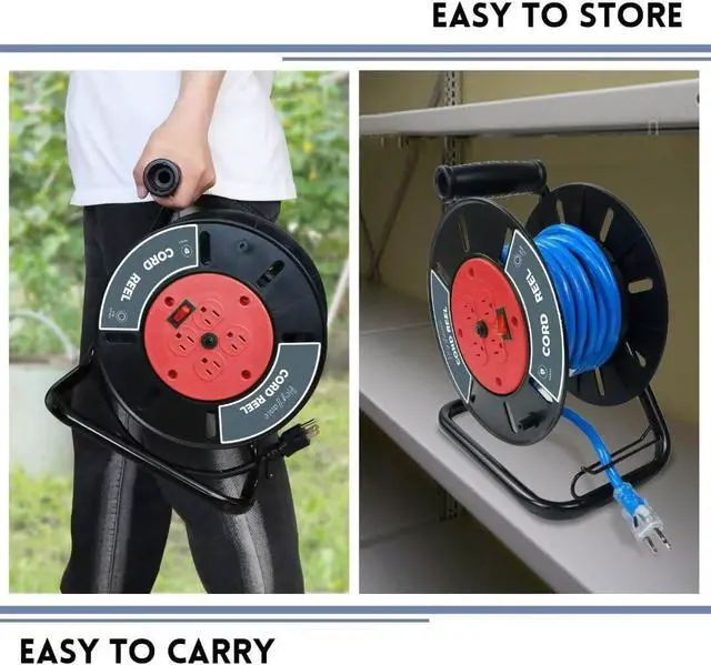 Alt view image 6 of 7 - Extension Cord Storage Reel with 4-Grounded Outlets, Heavy Duty Open Cord Reel for 12/3 14/3 16/3 Power Cords, Portable Empty Hand Crank Electric Cord Roller Holder, Red