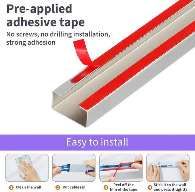 Alt view image 3 of 7 - Stainless Steel Cable Management Cover, 3-Pack 39.37in, Silver, Self-Adhesive, 39.37in x 0.94in x 0.47in, No Screws No Drill, For Floor, Wall, Kitchen, Office