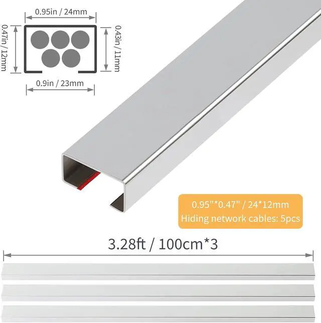 Alt view image 2 of 7 - Stainless Steel Cable Management Cover, 3-Pack 39.37in, Silver, Self-Adhesive, 39.37in x 0.94in x 0.47in, No Screws No Drill, For Floor, Wall, Kitchen, Office