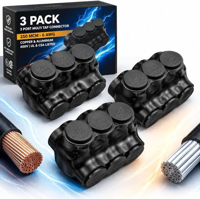 Main image of Copkim 3 Pcs Insulated 3 Port Wire Cable Connector 250 MCM-6 Awg Wire Multi Tap 3/8" Hex Screw Dual Sided Entry Interconnect Terminals Pre Filled with Oxide Inhibitor for Copper Aluminum Electrical