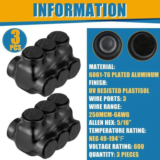 Alt view image 2 of 6 - Copkim 3 Pcs Insulated 3 Port Wire Cable Connector 250 MCM-6 Awg Wire Multi Tap 3/8" Hex Screw Dual Sided Entry Interconnect Terminals Pre Filled with Oxide Inhibitor for Copper Aluminum Electrical