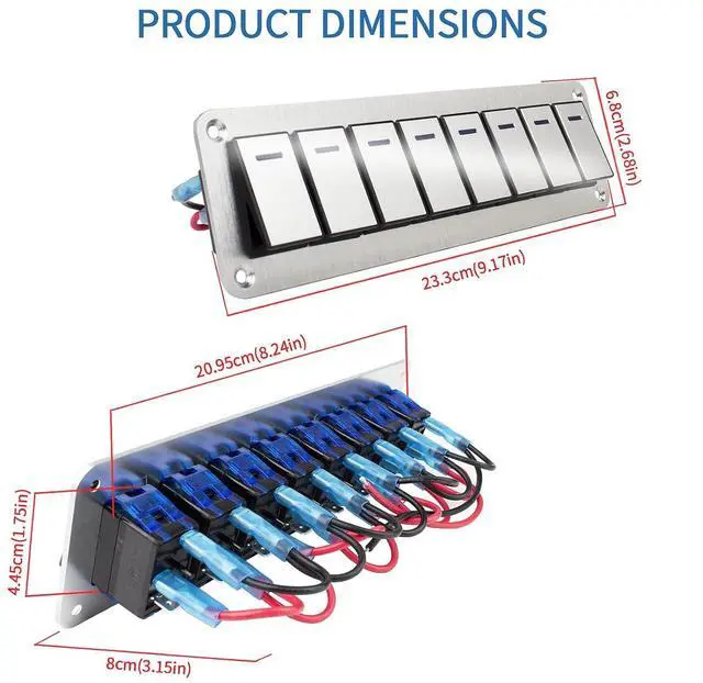 Alt view image 2 of 7 - Waterproof Toggle Switch Panel 8 Gang Aluminum Rocker Switch Panel 12V/24V On-Off 3 Pin Switch Panel Blue LED Light Pre-Wired Switch Panel for Marine Boat Automotive Car RV Truck Jeeps UTV Vehicles