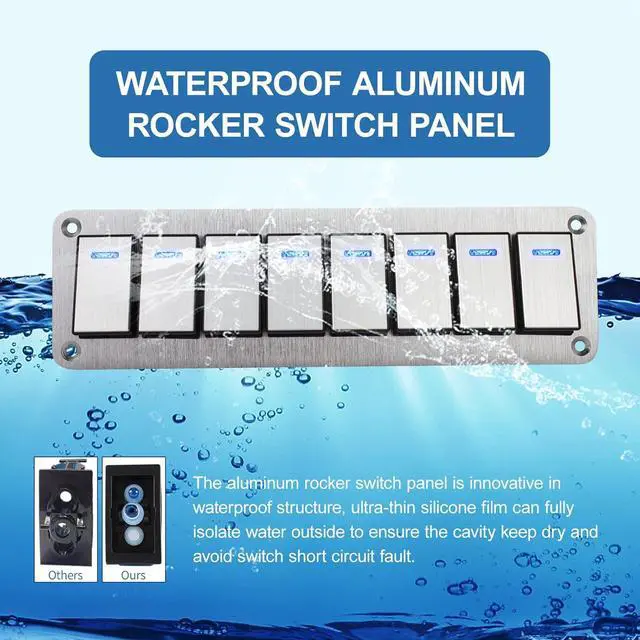 Alt view image 3 of 7 - Waterproof Toggle Switch Panel 8 Gang Aluminum Rocker Switch Panel 12V/24V On-Off 3 Pin Switch Panel Blue LED Light Pre-Wired Switch Panel for Marine Boat Automotive Car RV Truck Jeeps UTV Vehicles