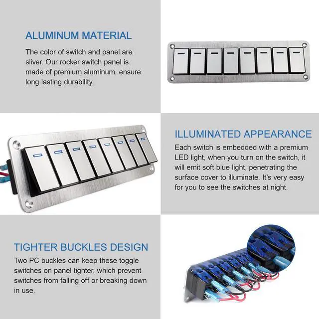 Alt view image 4 of 7 - Waterproof Toggle Switch Panel 8 Gang Aluminum Rocker Switch Panel 12V/24V On-Off 3 Pin Switch Panel Blue LED Light Pre-Wired Switch Panel for Marine Boat Automotive Car RV Truck Jeeps UTV Vehicles