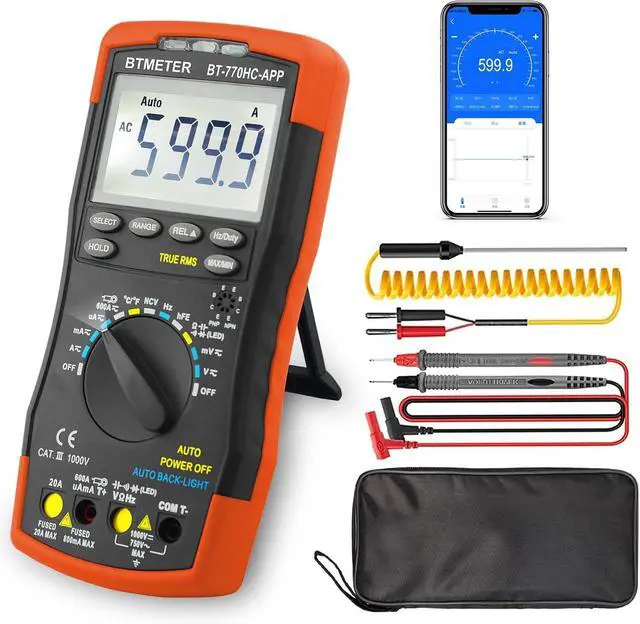 Main image of BTMETER Digital Multimeter, Handheld TRMS 6000 Multi Meter Auto Range Voltmeter Ammeter Measure AC DC Volt Amp Ohm Continuity Capacitance Frequency Diode hFE Transistor Temp 770HC-APP