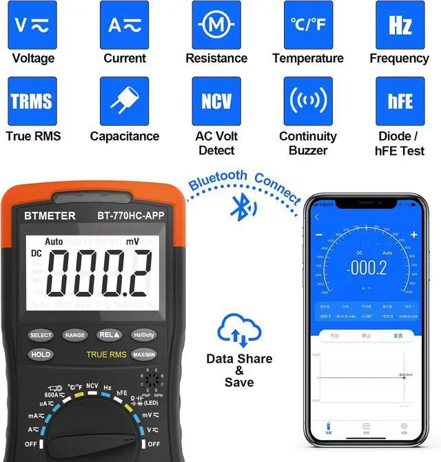 Alt view image 2 of 7 - BTMETER Digital Multimeter, Handheld TRMS 6000 Multi Meter Auto Range Voltmeter Ammeter Measure AC DC Volt Amp Ohm Continuity Capacitance Frequency Diode hFE Transistor Temp 770HC-APP