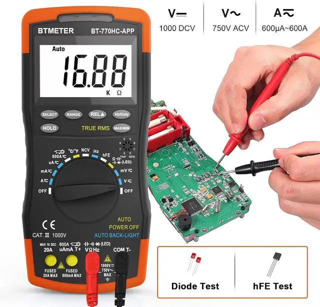 Alt view image 3 of 7 - BTMETER Digital Multimeter, Handheld TRMS 6000 Multi Meter Auto Range Voltmeter Ammeter Measure AC DC Volt Amp Ohm Continuity Capacitance Frequency Diode hFE Transistor Temp 770HC-APP
