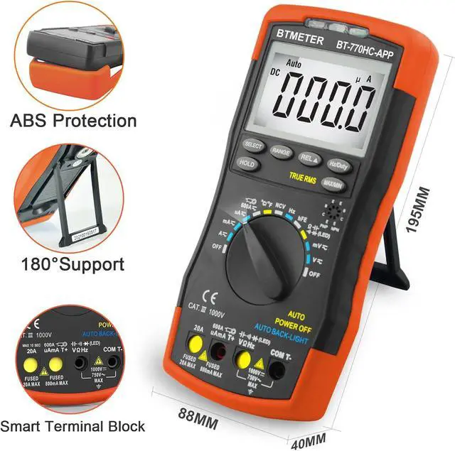 Alt view image 6 of 7 - BTMETER Digital Multimeter, Handheld TRMS 6000 Multi Meter Auto Range Voltmeter Ammeter Measure AC DC Volt Amp Ohm Continuity Capacitance Frequency Diode hFE Transistor Temp 770HC-APP