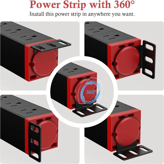 Alt view image 2 of 7 - 10 inch Rack Mount Power Strips PDU 4 Outlets with Surge Protection & Overload On Off Switch, 1U RackMount Power Strip with 6ft Cord for 10'' Mini Server Network Cabinets/Rack/Self, Black Red