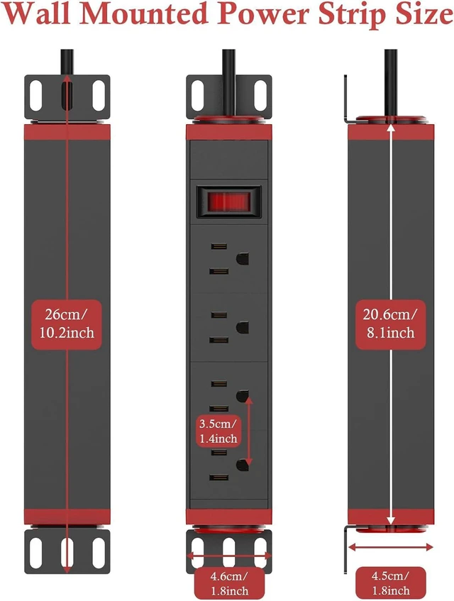 Alt view image 4 of 7 - 10 inch Rack Mount Power Strips PDU 4 Outlets with Surge Protection & Overload On Off Switch, 1U RackMount Power Strip with 6ft Cord for 10'' Mini Server Network Cabinets/Rack/Self, Black Red