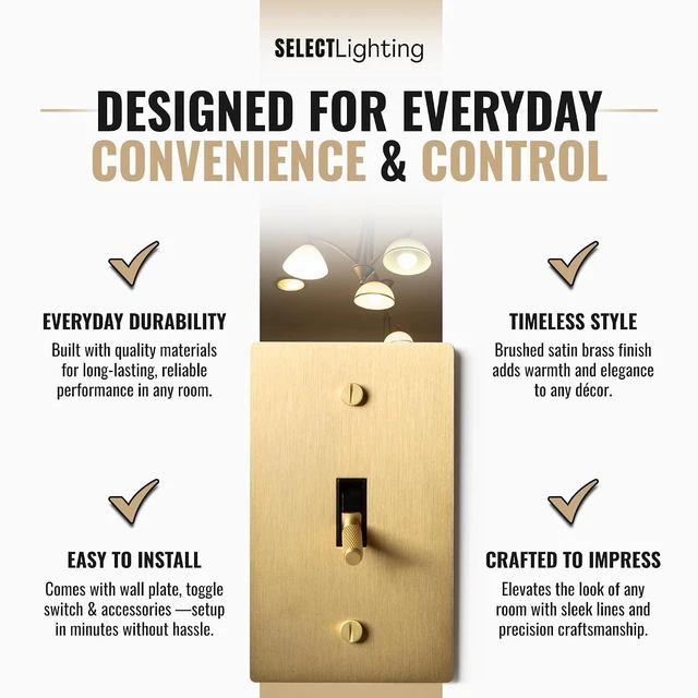 Alt view image 4 of 7 - Select Satin Brass Lever Switch with Wall Plate and Switch Device, Classic 120V Electric Light Switch, On/Off Switch
