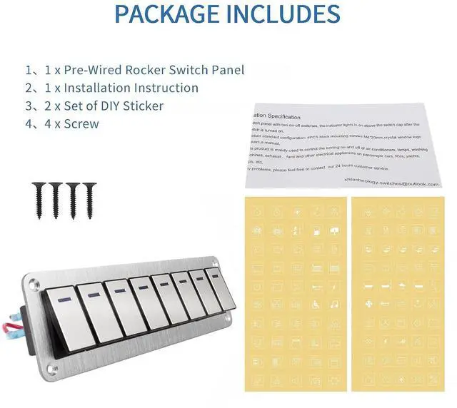Alt view image 7 of 7 - Waterproof Toggle Switch Panel 8 Gang Aluminum Rocker Switch Panel 12V/24V On-Off 3 Pin Switch Panel Blue LED Light Pre-Wired Switch Panel for Marine Boat Automotive Car RV Truck Jeeps UTV Vehicles