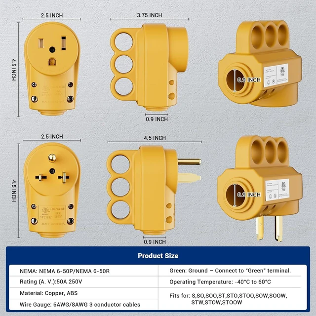 Alt view image 4 of 7 - 2 PACK 2-in-1 NEMA 6-50P/6-30P Welder Plug, 30A/50A 250V 3-Prong Male Replacement Plug, Heavy Duty Rewirable 220V Plug for Welder/Generator, Industrial Grade,2 Pole 3 Wire, ETL Listed,Yellow