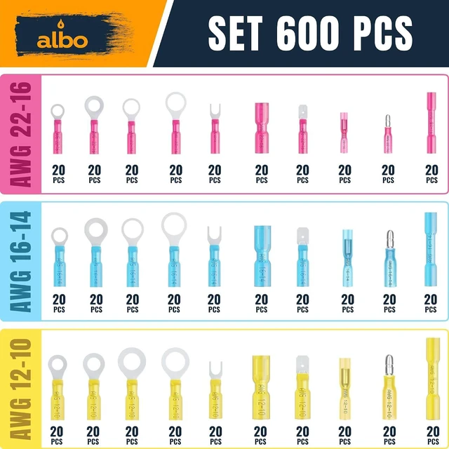 Alt view image 2 of 6 - ALBO 600PCS Electrical Connector Kit 3 Colors / 30 Size, Heat Shrink Waterproof Crimp Wire Connectors with Ring Terminals, Spade & Fork Terminal Connectors, Male and Female Wire Terminals
