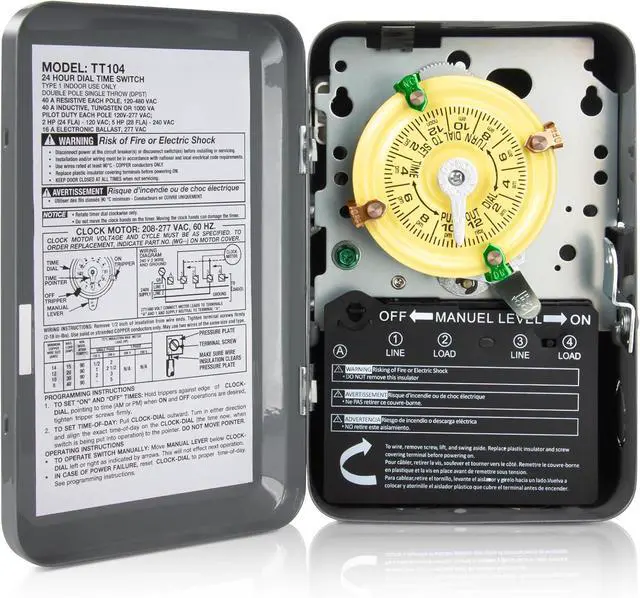Main image of T104 Electromechanical Timer Switch for Pool Pumps, 208-277 VAC 40A DPST, 5HP, Outdoor 24-Hour, 12 ON/Off Cycles, Tripper Included Heavy Duty Pool Timer