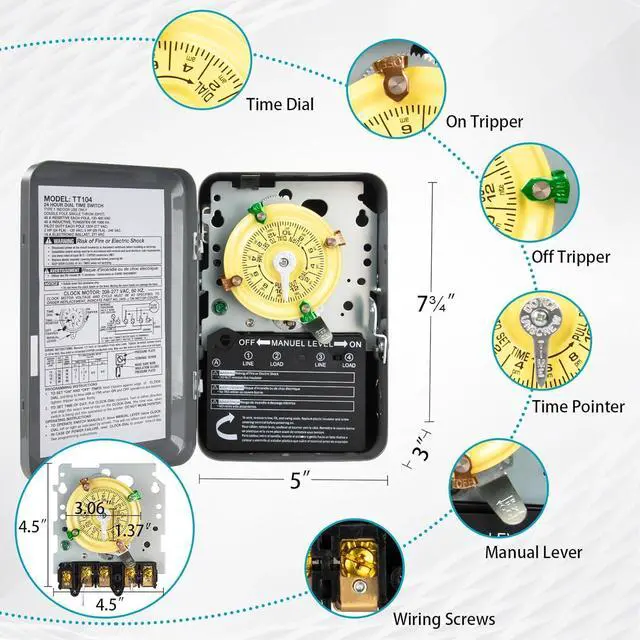 Alt view image 2 of 7 - T104 Electromechanical Timer Switch for Pool Pumps, 208-277 VAC 40A DPST, 5HP, Outdoor 24-Hour, 12 ON/Off Cycles, Tripper Included Heavy Duty Pool Timer