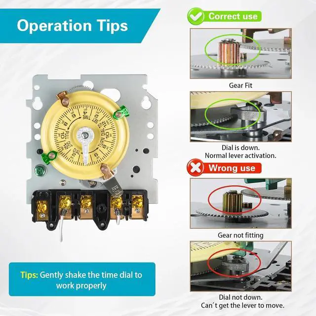 Alt view image 3 of 7 - T104 Electromechanical Timer Switch for Pool Pumps, 208-277 VAC 40A DPST, 5HP, Outdoor 24-Hour, 12 ON/Off Cycles, Tripper Included Heavy Duty Pool Timer