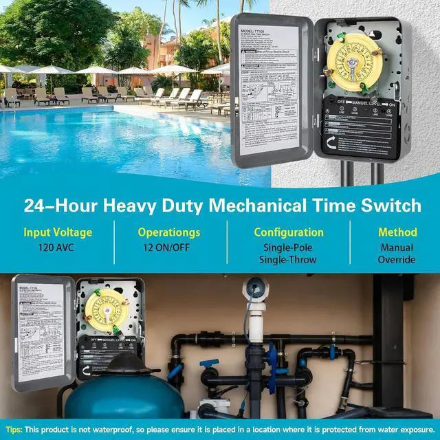 Alt view image 4 of 7 - T104 Electromechanical Timer Switch for Pool Pumps, 208-277 VAC 40A DPST, 5HP, Outdoor 24-Hour, 12 ON/Off Cycles, Tripper Included Heavy Duty Pool Timer