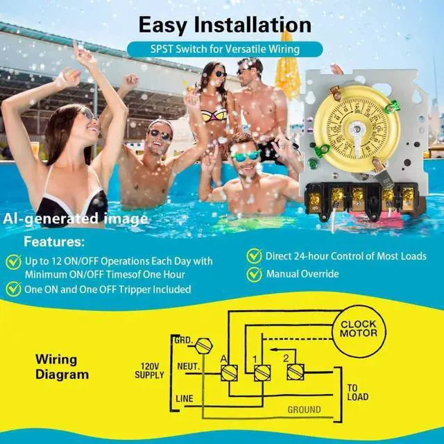 Alt view image 5 of 7 - T104 Electromechanical Timer Switch for Pool Pumps, 208-277 VAC 40A DPST, 5HP, Outdoor 24-Hour, 12 ON/Off Cycles, Tripper Included Heavy Duty Pool Timer