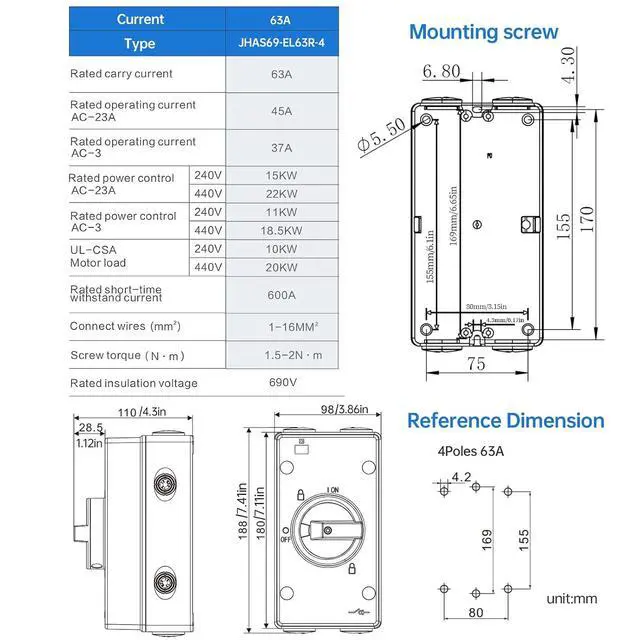 Alt view image 2 of 7 - 63Amp Disconnect Switch Box Outdoor, Isolator Switch, 4 Pole, IP66 Waterproof Isolation PV 3 Phase Disconnect Switch On Off 2 Position