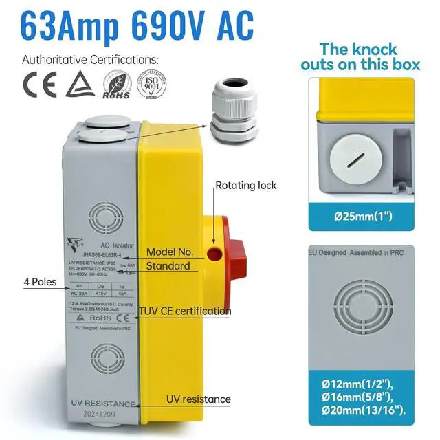 Alt view image 3 of 7 - 63Amp Disconnect Switch Box Outdoor, Isolator Switch, 4 Pole, IP66 Waterproof Isolation PV 3 Phase Disconnect Switch On Off 2 Position