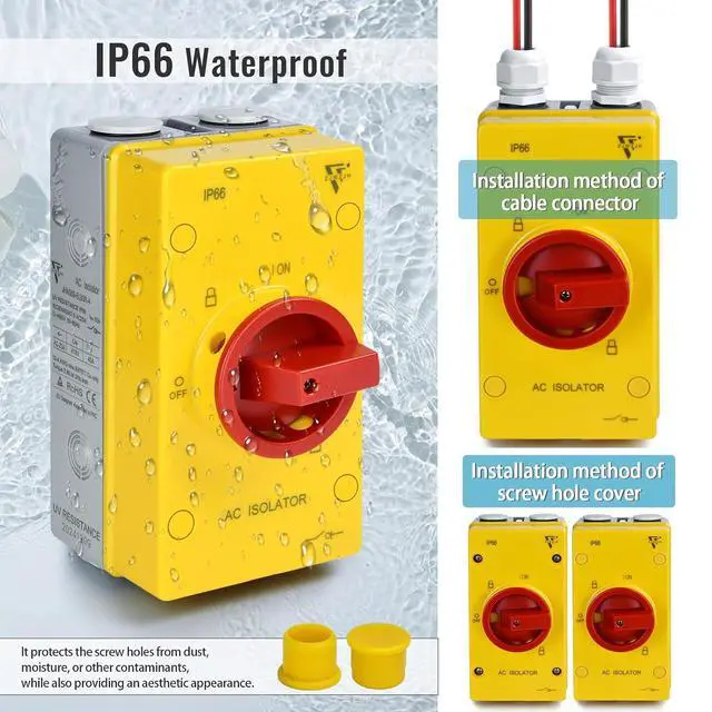 Alt view image 5 of 7 - 63Amp Disconnect Switch Box Outdoor, Isolator Switch, 4 Pole, IP66 Waterproof Isolation PV 3 Phase Disconnect Switch On Off 2 Position