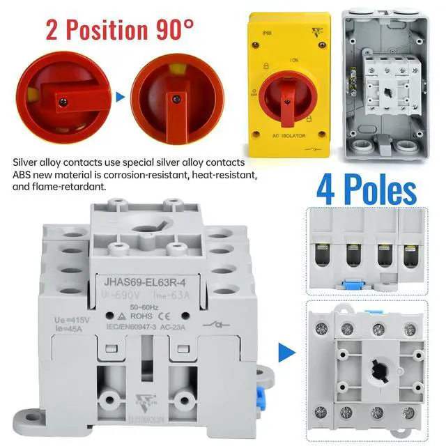 Alt view image 7 of 7 - 63Amp Disconnect Switch Box Outdoor, Isolator Switch, 4 Pole, IP66 Waterproof Isolation PV 3 Phase Disconnect Switch On Off 2 Position