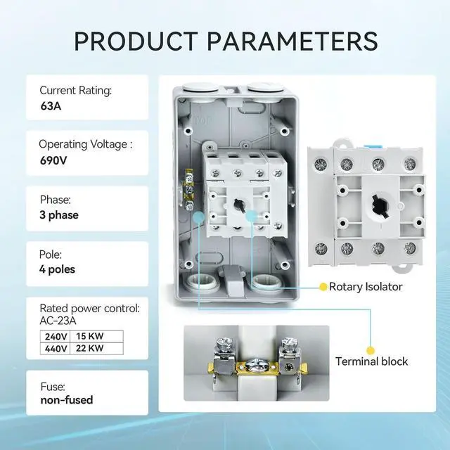 Alt view image 4 of 7 - 63Amp Disconnect Switch Box Outdoor, Isolator Switch, 4 Pole, IP66 Waterproof Isolation PV 3 Phase Disconnect Switch On Off 2 Position