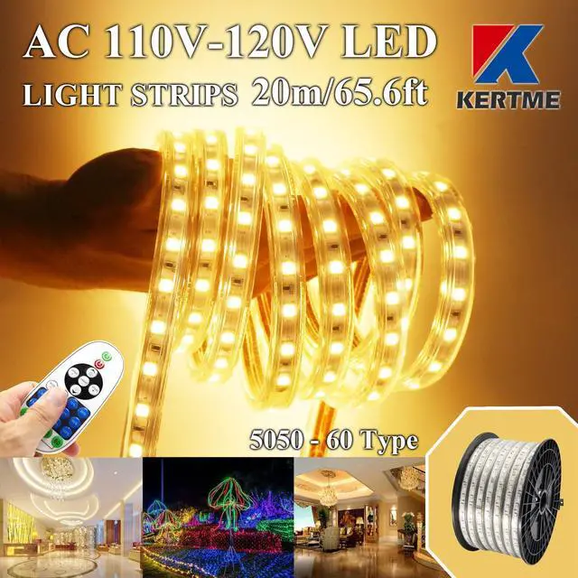 Alt view image 2 of 7 - 5050-60 Type AC 110-120V LED Strip Lights, Flexible/Waterproof/Dimmable/Multi-Modes LED Rope Light + 23 Keys Remote for Home/Garden/Building Decoration (65.6ft/20m, Warm White 3500K)