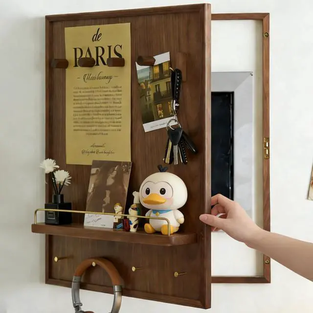 Main image of Decorative Wall Mounted Electrical Panel Cover,Solid Wood Switch Box Shelf,Flip Distribution Wood Breaker Fuse Box Cover with Shelf & Hooks, Open Door Meter Box for Living Room,Brown,23.6in