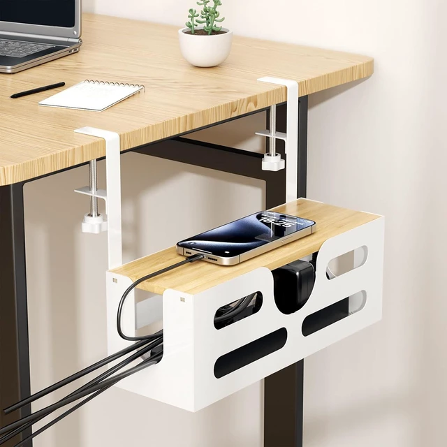 Alt view image 2 of 7 - Under Desk Cable Management Box with Lid, Large Cable Management Under Desk White, Desk Cable Management Tray with Adjustable Clamps for Home and Office, White