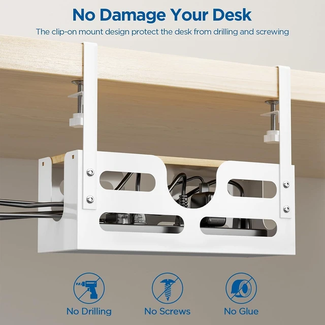 Alt view image 4 of 7 - Under Desk Cable Management Box with Lid, Large Cable Management Under Desk White, Desk Cable Management Tray with Adjustable Clamps for Home and Office, White