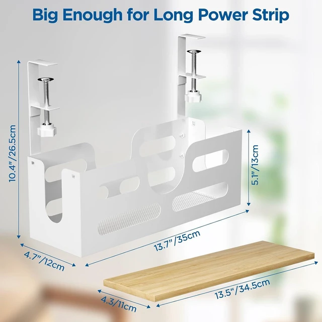 Alt view image 3 of 7 - Under Desk Cable Management Box with Lid, Large Cable Management Under Desk White, Desk Cable Management Tray with Adjustable Clamps for Home and Office, White