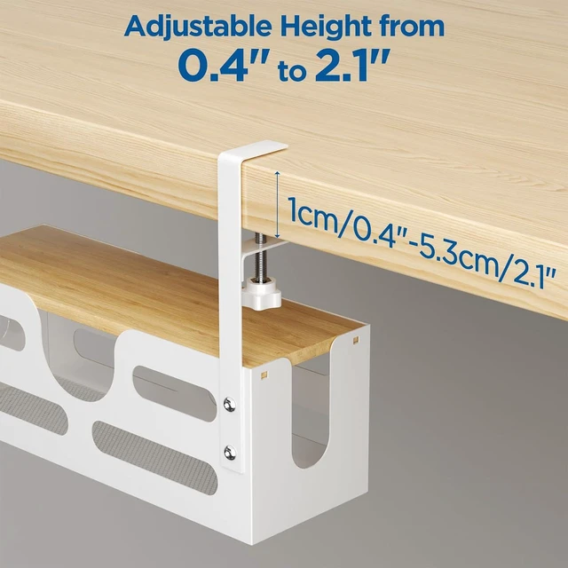 Alt view image 5 of 7 - Under Desk Cable Management Box with Lid, Large Cable Management Under Desk White, Desk Cable Management Tray with Adjustable Clamps for Home and Office, White