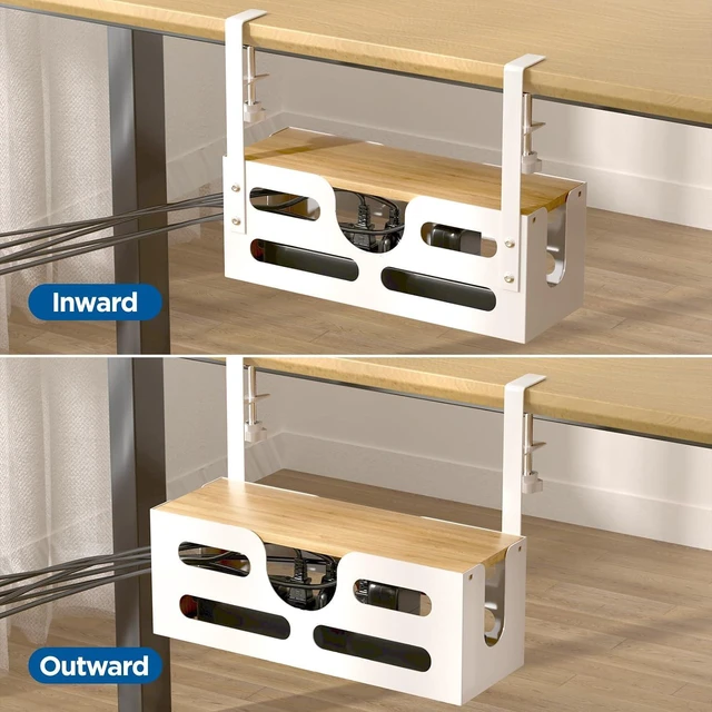 Alt view image 6 of 7 - Under Desk Cable Management Box with Lid, Large Cable Management Under Desk White, Desk Cable Management Tray with Adjustable Clamps for Home and Office, White