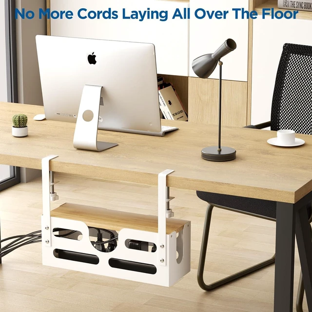 Alt view image 7 of 7 - Under Desk Cable Management Box with Lid, Large Cable Management Under Desk White, Desk Cable Management Tray with Adjustable Clamps for Home and Office, White