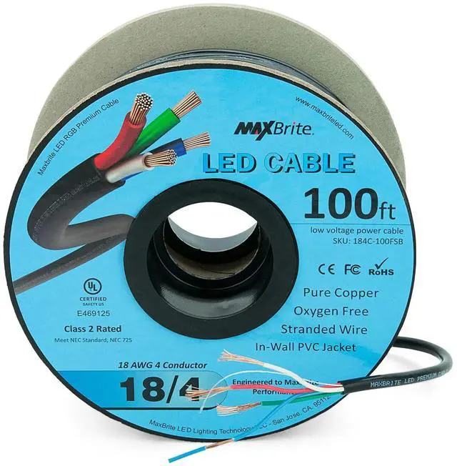 Main image of 100 ft. 18AWG Low Voltage LED Cable 4 Conductor Black Sleeve in-Wall RGB Wire UL Listed Class 2