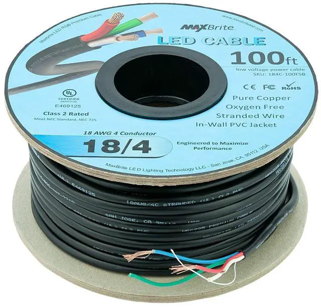Alt view image 2 of 5 - 100 ft. 18AWG Low Voltage LED Cable 4 Conductor Black Sleeve in-Wall RGB Wire UL Listed Class 2