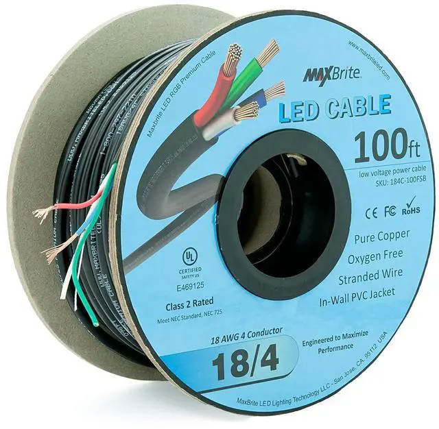 Alt view image 3 of 5 - 100 ft. 18AWG Low Voltage LED Cable 4 Conductor Black Sleeve in-Wall RGB Wire UL Listed Class 2