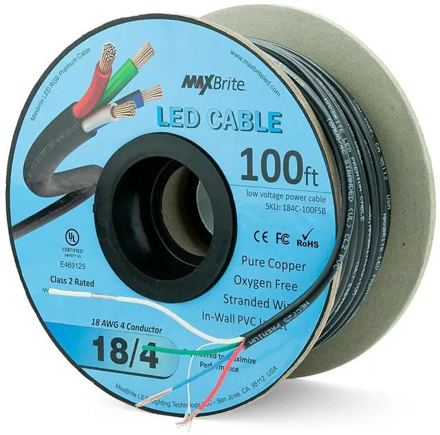 Alt view image 4 of 5 - 100 ft. 18AWG Low Voltage LED Cable 4 Conductor Black Sleeve in-Wall RGB Wire UL Listed Class 2