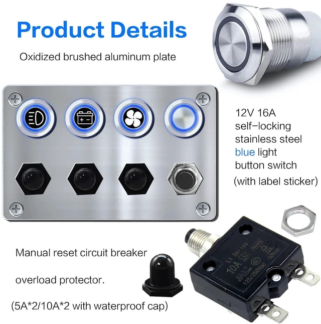 Alt view image 2 of 6 - IZTOSS Oxidation-Resistant Aluminium 4 Gang ON-Off Ignition Push Button Switch Panel with Reset Circuit Breakers Quick Connect Terminals for Yacht RV Boat Truck Marine